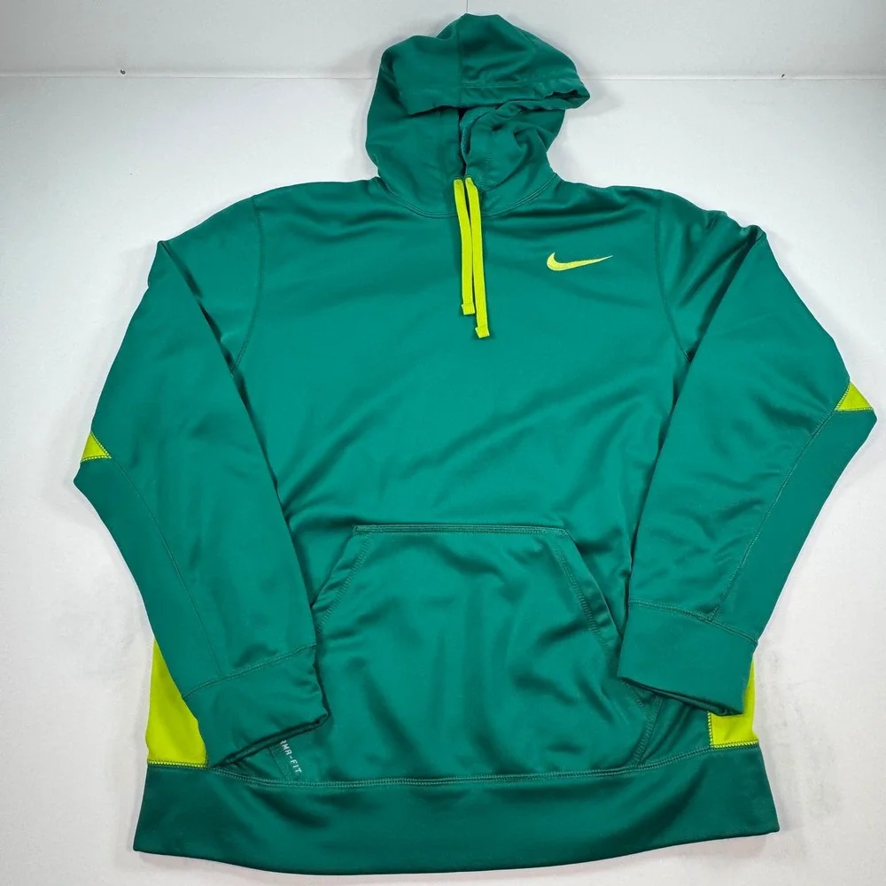 Nike Therma-FIT Mens Hoodie Green Neon Yellow Pullover Sweatshirt Size L